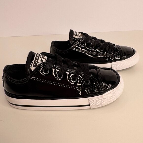 Converse All Star Girl Patent Leather Sneakers Black‎ Child Kid Size 8 - Picture 6 of 9